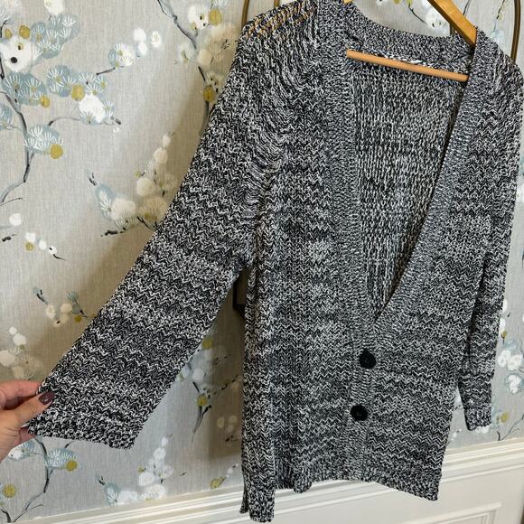 J Jill Black and White 3/4 Sleeve Length Button Up Cardigan - Size Large - Picture 4 of 6